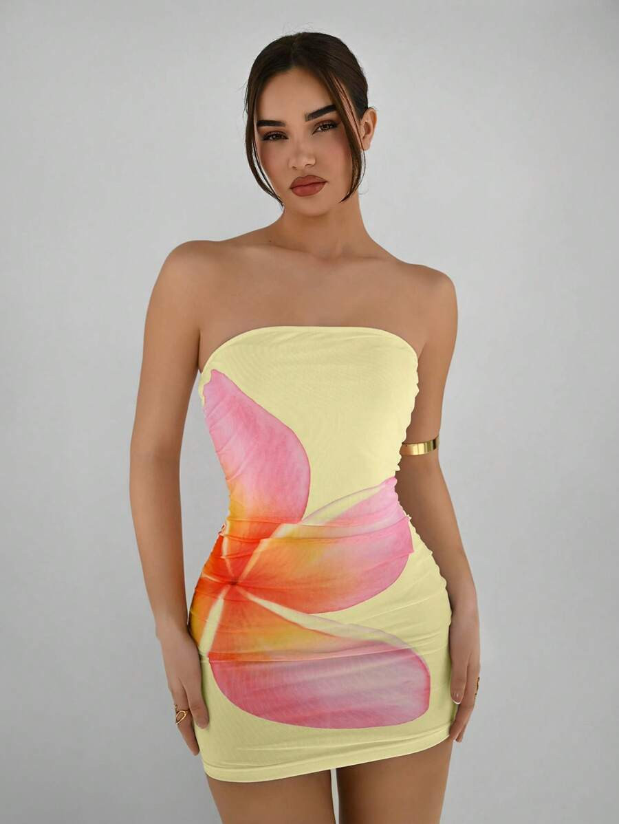 Aloruh Women Floral Print Bandeau Form-Fitting Sleeveless Mini Dress Summer Dresses For Women,Bod... | SHEIN