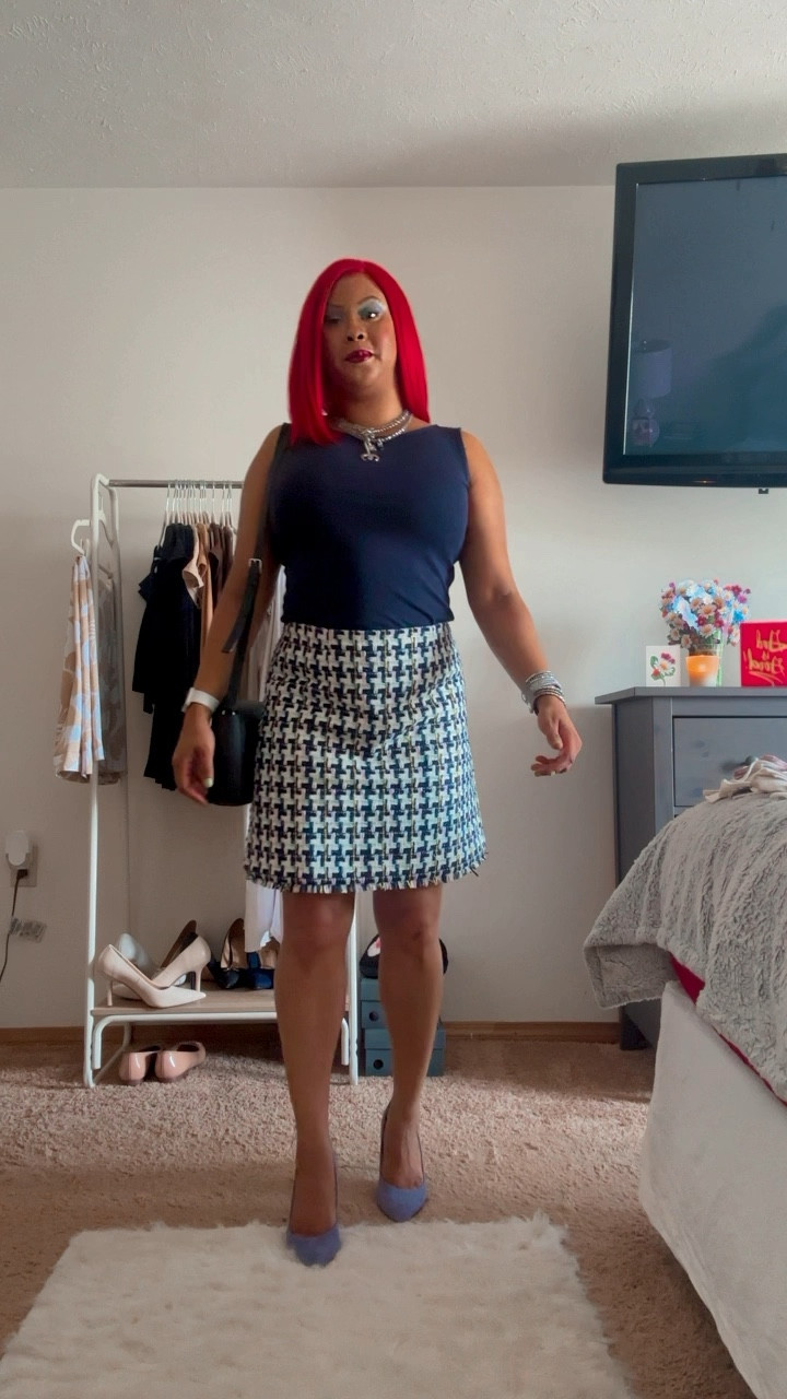 Work outfit idea, navy blue boat neck sleeveless top with a houndstooth tweed skirt and periwinkle pumps. Ann Taylor, high end fashion.

#LTKWorkwear #LTKStyleTip