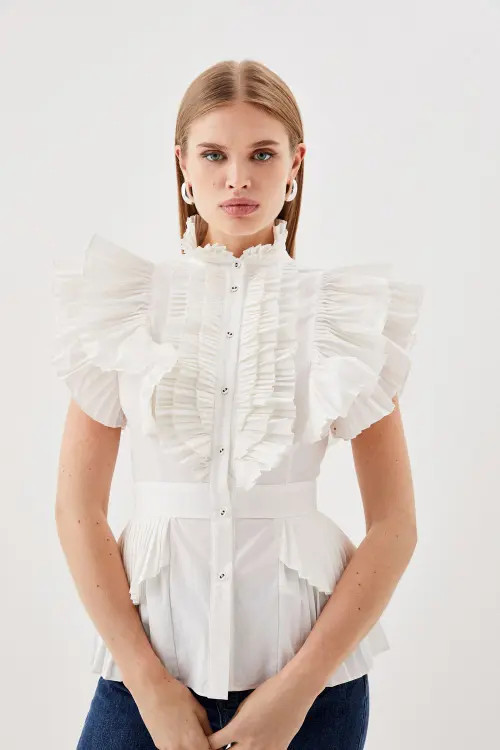 Karen Millen Sleeveless Pleated Ruffle Blouse in White at Nordstrom, Size 2 | Nordstrom
