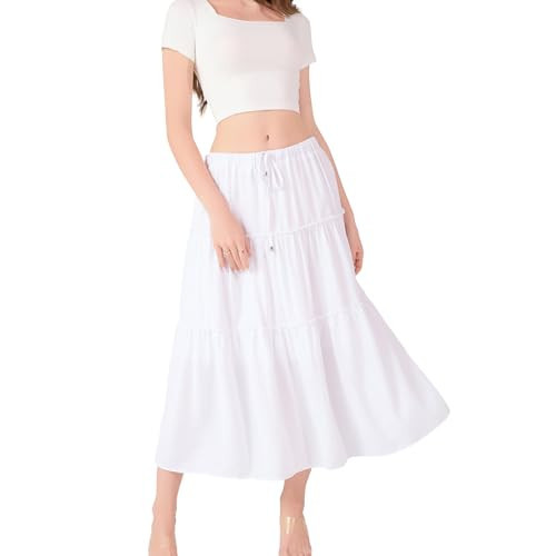 High Waist Tiered Maxi Skirts for Women Flowy Skirts Below Knee with Drawstring 2024 Women Fashion Trendy White S | Amazon (US)