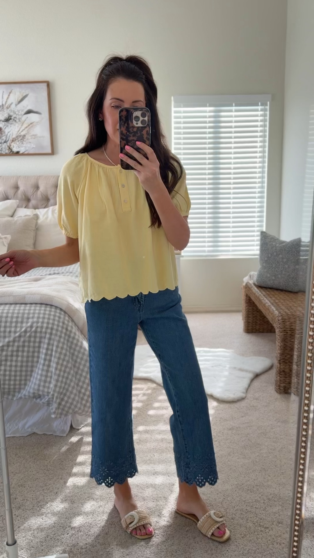 Lightweight spring blouse in a small and scalloped jeans in a 4 

#LTKmomlife #LTKootd #LTKSeasonal