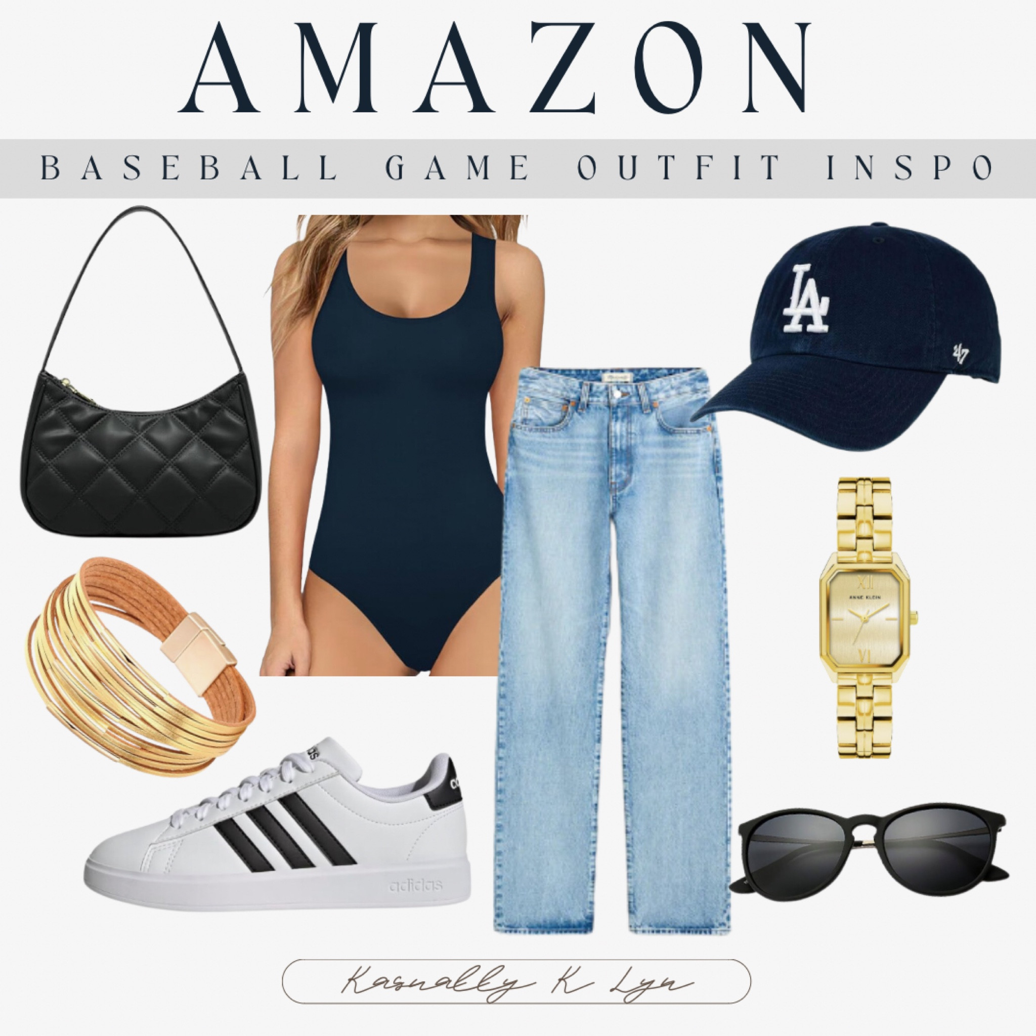 Amazon Baseball Game Outfit Inspo!! navy sleeveless bodysuit backless tank top. light washed women’s tapered classic high rise straight jeans. black and white adidas women’s tennis shoes. navy one size basic baseball hat. anna klein gold bracelet watch. layered wrap gold cuff bracelet. vintage round retro sunglasses. black cute tote mini clutch handbag clutch with zipper. 


#LTKSeasonal #LTKActive #LTKStyleTip
