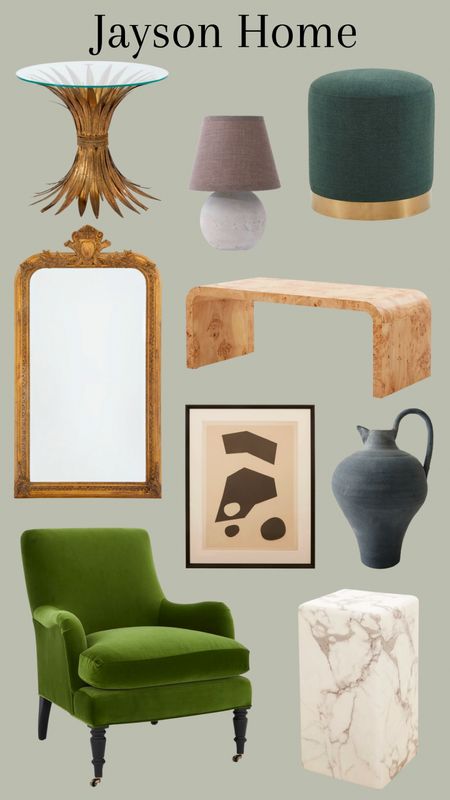 Home decor & furniture from Jayson Home 


Coffee table, gold mirror, arm chair, framed art, jug vase, mini lamp, side table, marble pedestal, velvet ottoman 

#LTKhome