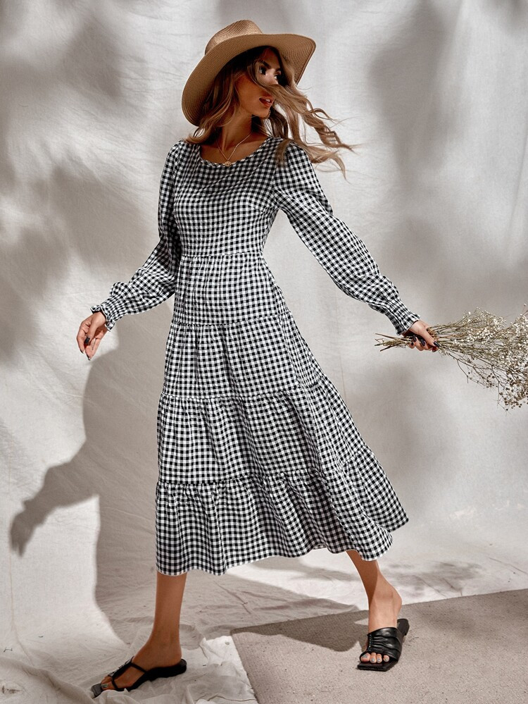 Gingham Shirred Cuff Ruffle Hem A-line Dress | SHEIN