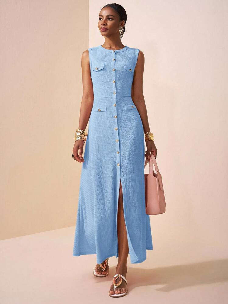 Zivah New Spring And Summer Casual And Elegant Round Neck Sleeveless Bag Flap Decorated With Meta... | SHEIN