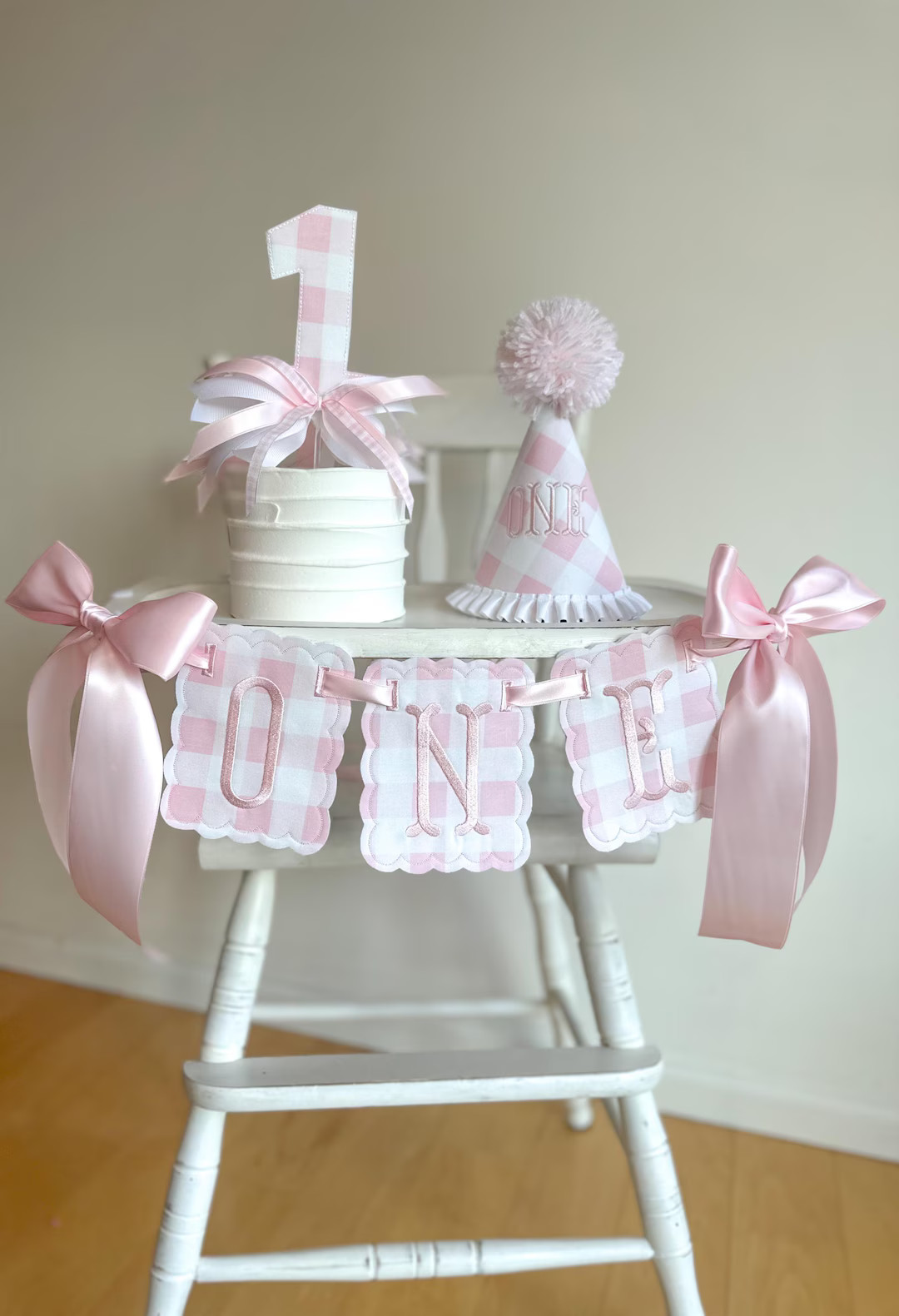 Pink & White Gingham First Birthday Banner, Hat, Cake Topper | Classic Pink Cake Smash Photo Prop... | Etsy (US)