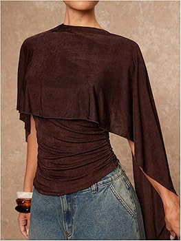 OYOANGLE Women's Off The Shoulder Ruffle Ruched Poncho Cape Blouse Tops Asymmetrical Cinched Wais... | Amazon (US)