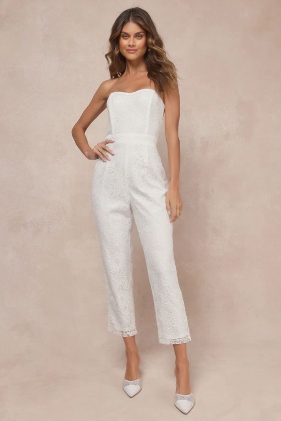 Redefined Elegance White Floral Lace Sequin Strapless Jumpsuit | Lulus
