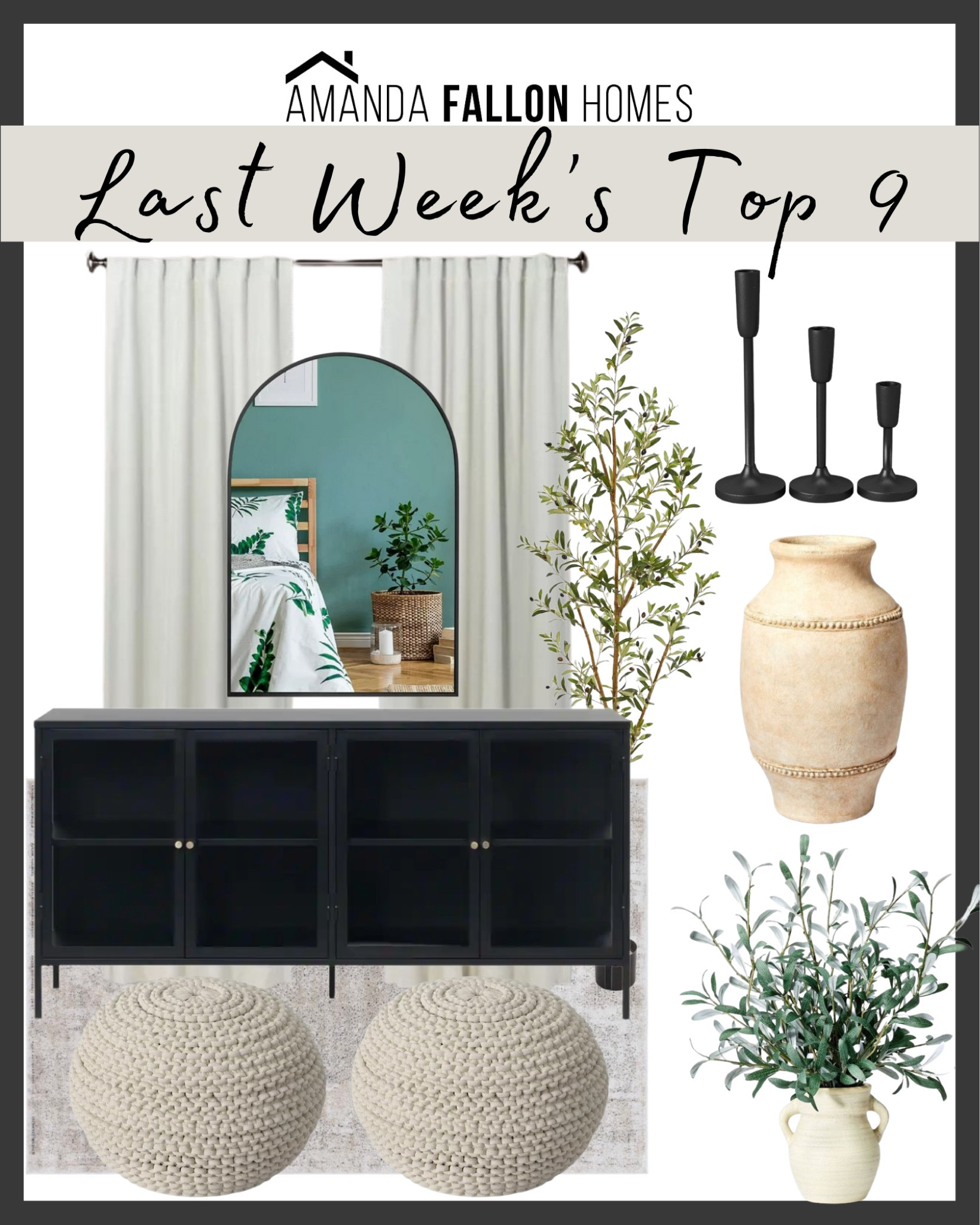 Last week’s best sellers! This beautiful black sideboard and faux olive tree are still on sale!

Ivory linen curtains. Black candle holders. Terracotta vase. Olive plant. Olive tree. Arch mirror. Black sideboard. Neutral area rug. Ivory pouf.

#target #targethome

#LTKhome