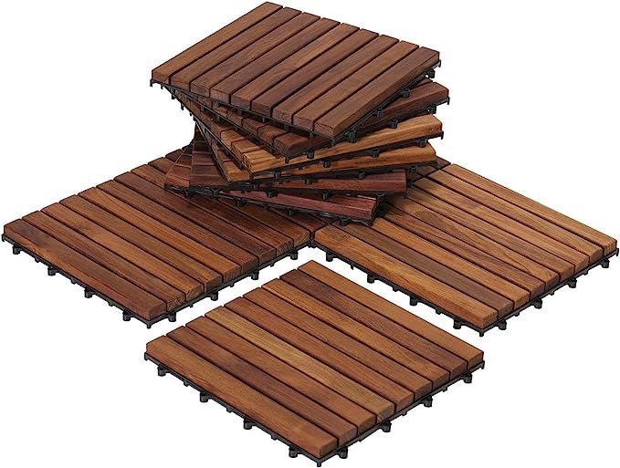 Bare Decor EZ-Floor Interlocking Flooring Tiles in Solid Teak Wood Oiled Finish (Set of 10), Long... | Amazon (US)