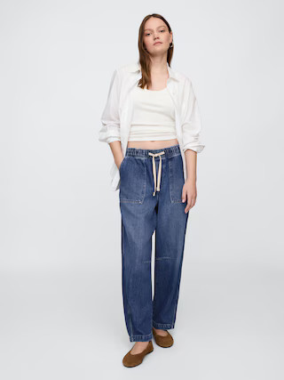 Mid Rise SuperSoft Pull-On Barrel Jeans | Gap Factory