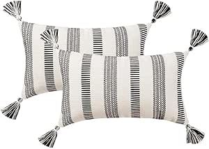 Decorative Lumbar Black White Throw Pillows Cover Set, Modern Striped Boho Farmhouse Pillow Cover... | Amazon (US)