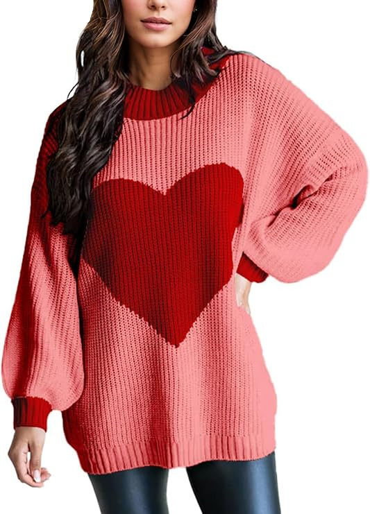 Valentine Sweater for Women Gifts for Her Batwing Sleeve Crewneck Cute Heart Oversized Sweater Wo... | Amazon (US)