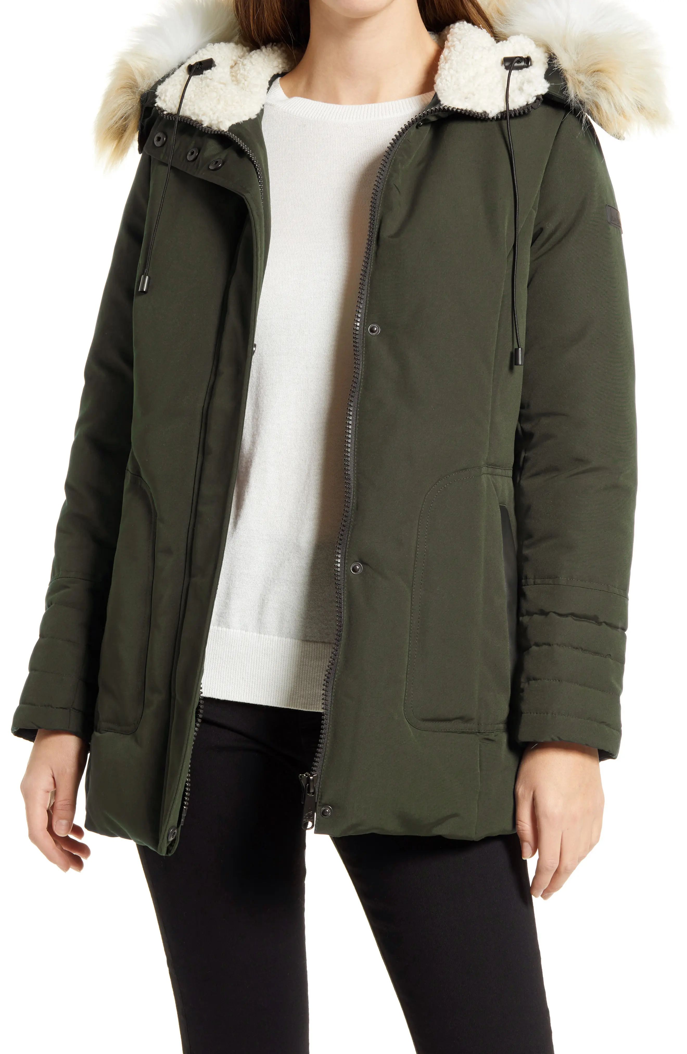 Women's Sam Edelman Short Parka With Faux Fur Trim, Size X-Small - Green | Nordstrom