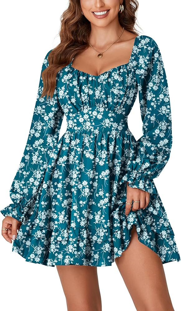 KIFOVEN Women's Lantern Long Sleeve Smocked Wrap Tiered Ruffle Flowy A Line Short Mini Dress | Amazon (US)