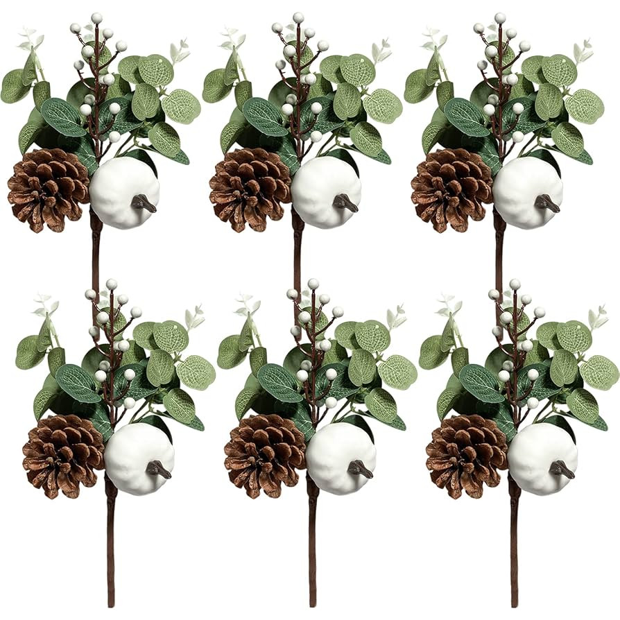 6PCS Greenery Stems Artificial Eucalyptus Leaves Fall Picks with White Pumpkin Pinecones for Wedd... | Amazon (US)