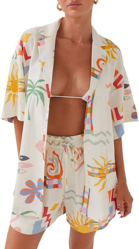 Juakoso Y2K Women Vintage Graffiti 2 Pieces Shorts Sets Floral Fruit Print Short Sleeve Shirt and... | Amazon (US)