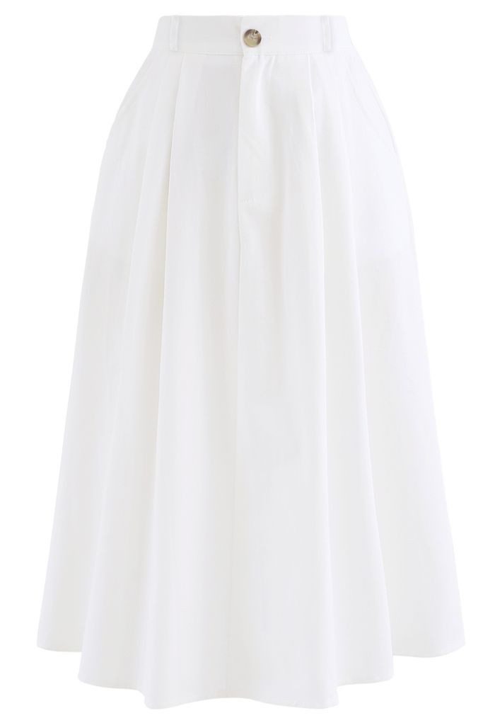 Slant Pockets A-Line Midi Skirt in White | Chicwish