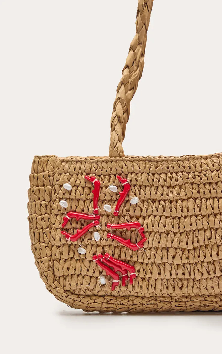 Natural Raffia Coral Detail Shoulder Bag | PrettyLittleThing USA | PrettyLittleThing US