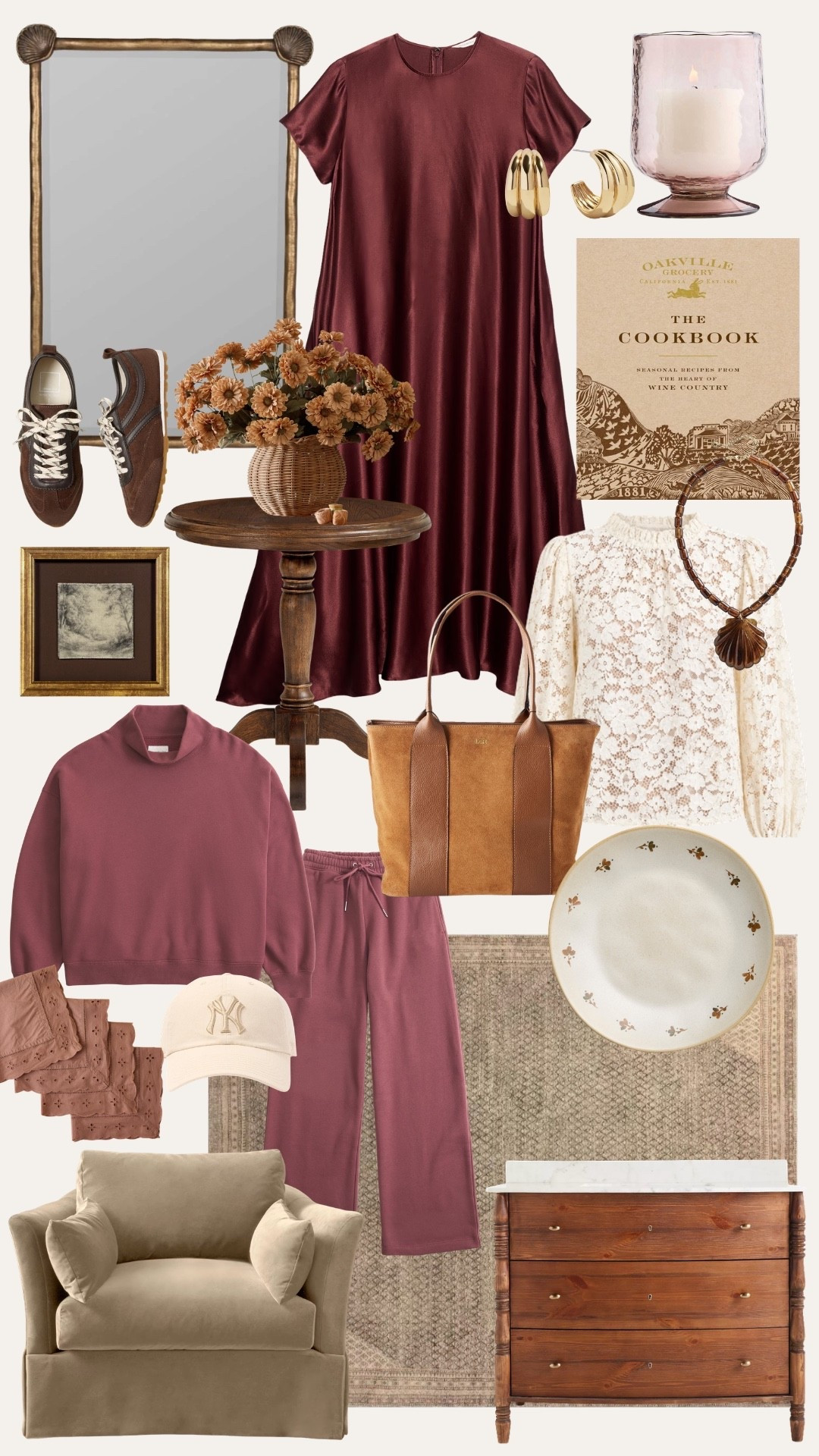 Loving this fall palette of burgundy, chocolate brown and warm neutrals. A mix of classic wardrobe staples, cozy sets, suede accessories and collected home finds that make the transition into fall feel easy. Everything linked here.