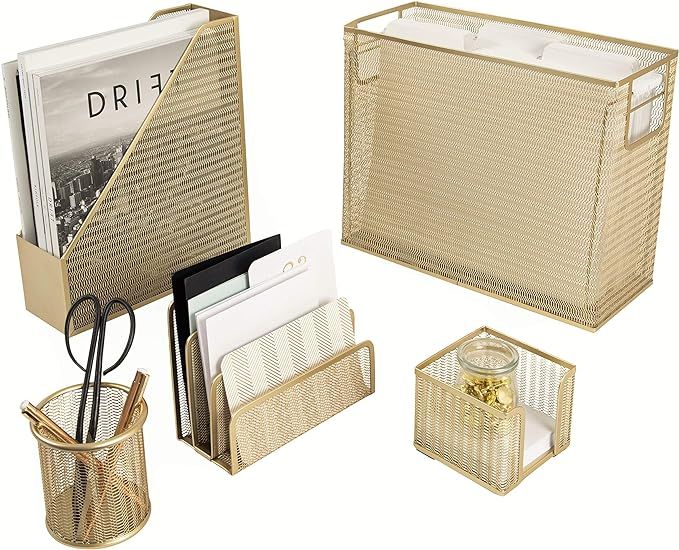 Blu Monaco 5 Piece Cute Office Supplies Gold Desk Organizer Set - with Desktop Hanging File Organ... | Amazon (US)