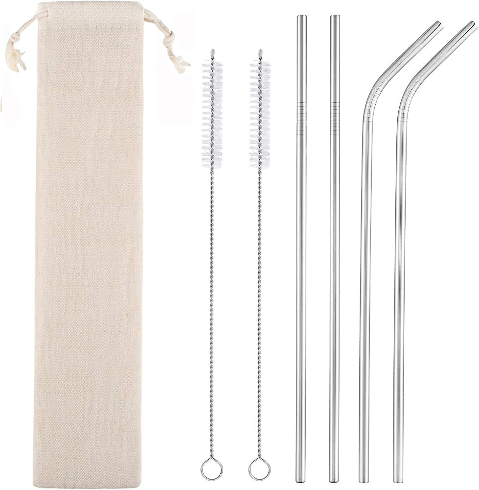 Set of 4 Reusable Metal Straws, Long Stainless Steel Straw with Cleaning Brushes and Case, Drinki... | Amazon (US)