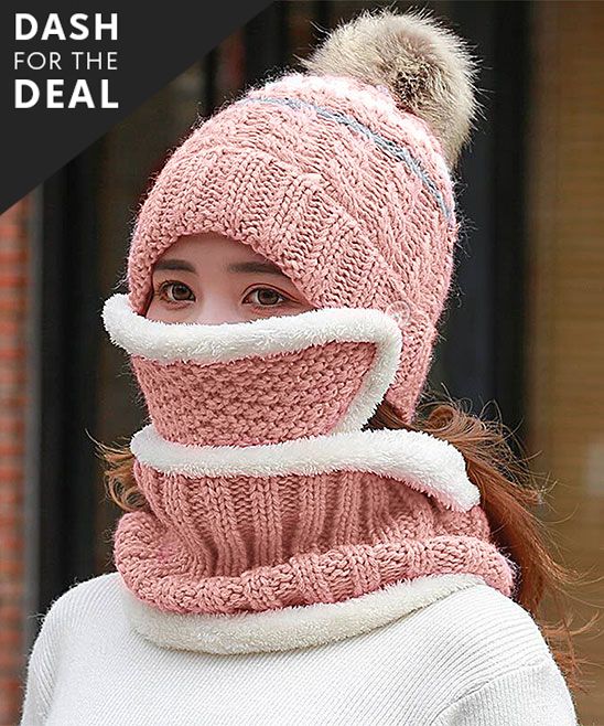 H.O.P.E Women's Winter Hats Pink - Pink & Gray Stripe Cable-Knit Pom-Pom Beanie Set | Zulily