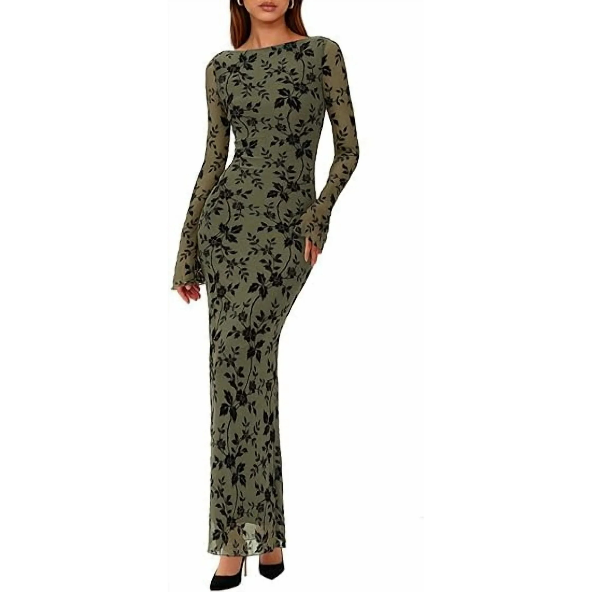 PRETTYGARDEN Women's Floral Bodycon Maxi Dress Fall Elegant Mesh Long Sleeve Formal Wedding Guest... | Walmart (US)