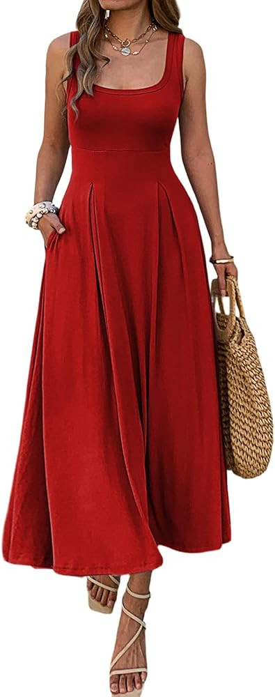 Women's Summer Sleeveless Empire Maxi Dress Square Neck A-Line Pleated Flowy Elegant Casual Dress... | Amazon (US)