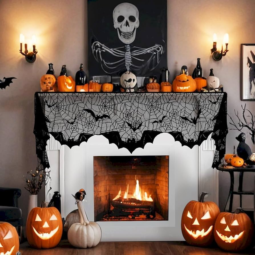 On-Airstore Halloween Mantle Scarf Bat Spider Web Fireplace Scarf Black Embroidered Lace Table Ru... | Amazon (US)