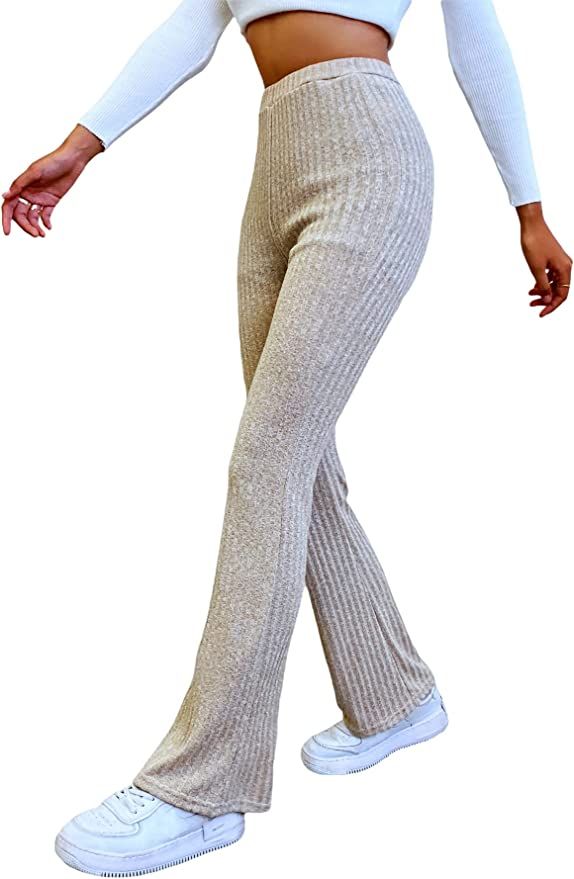 SheIn Women's Casual Long Flare Leg Pants Ribbed Knit Elastic High Waisted Trousers | Amazon (US)