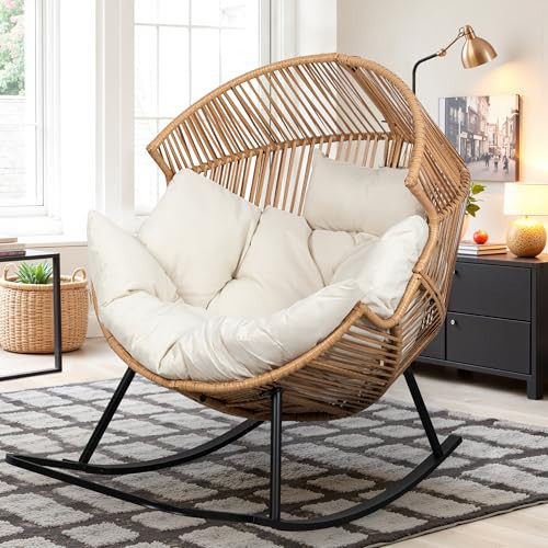 Vongrasig Wicker Rocking Egg Chair PE Rattan with Cushion, Oversized Patio Lounge Rocker Chair for Outdoor, Indoor, Livingroom, Backyard, Garden (Beige) | Amazon (US)