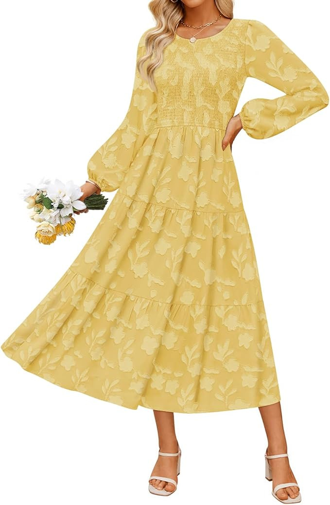 ZESICA Women's Fall Boho Floral Midi Dress 2026 Casual Long Sleeve Crewneck Flowy Wedding Guest L... | Amazon (US)