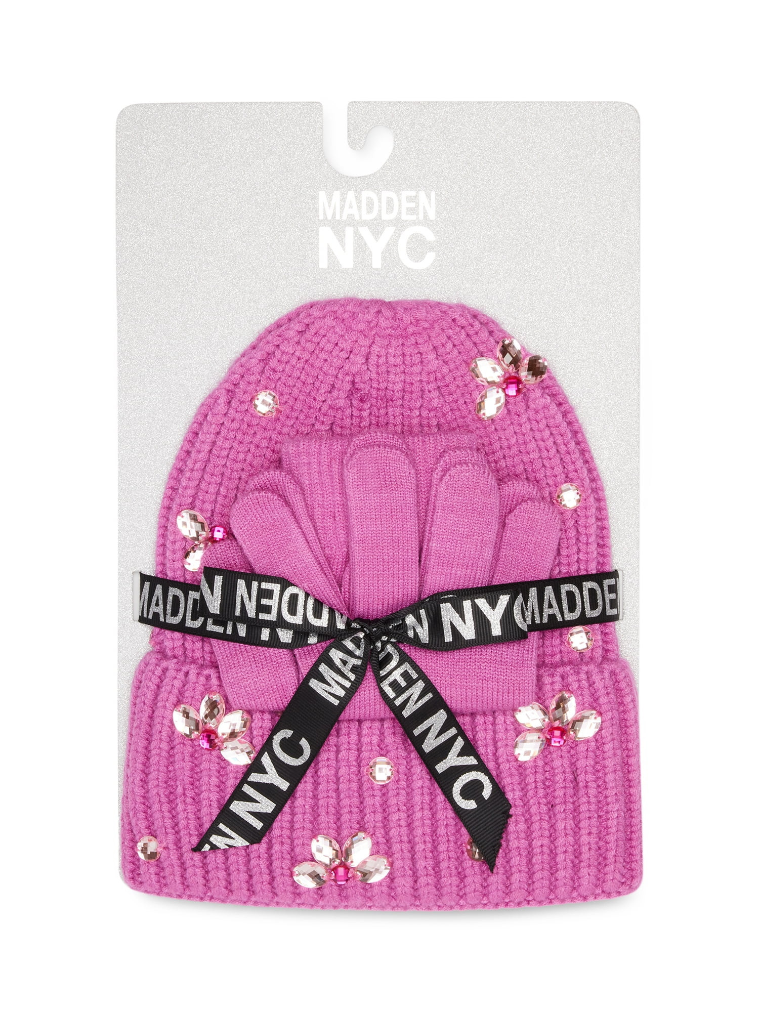 Madden NYC Women's Cuffed Beanie with Rhinestones and Magic Gloves, 2-Piece Gift Set | Walmart (US)