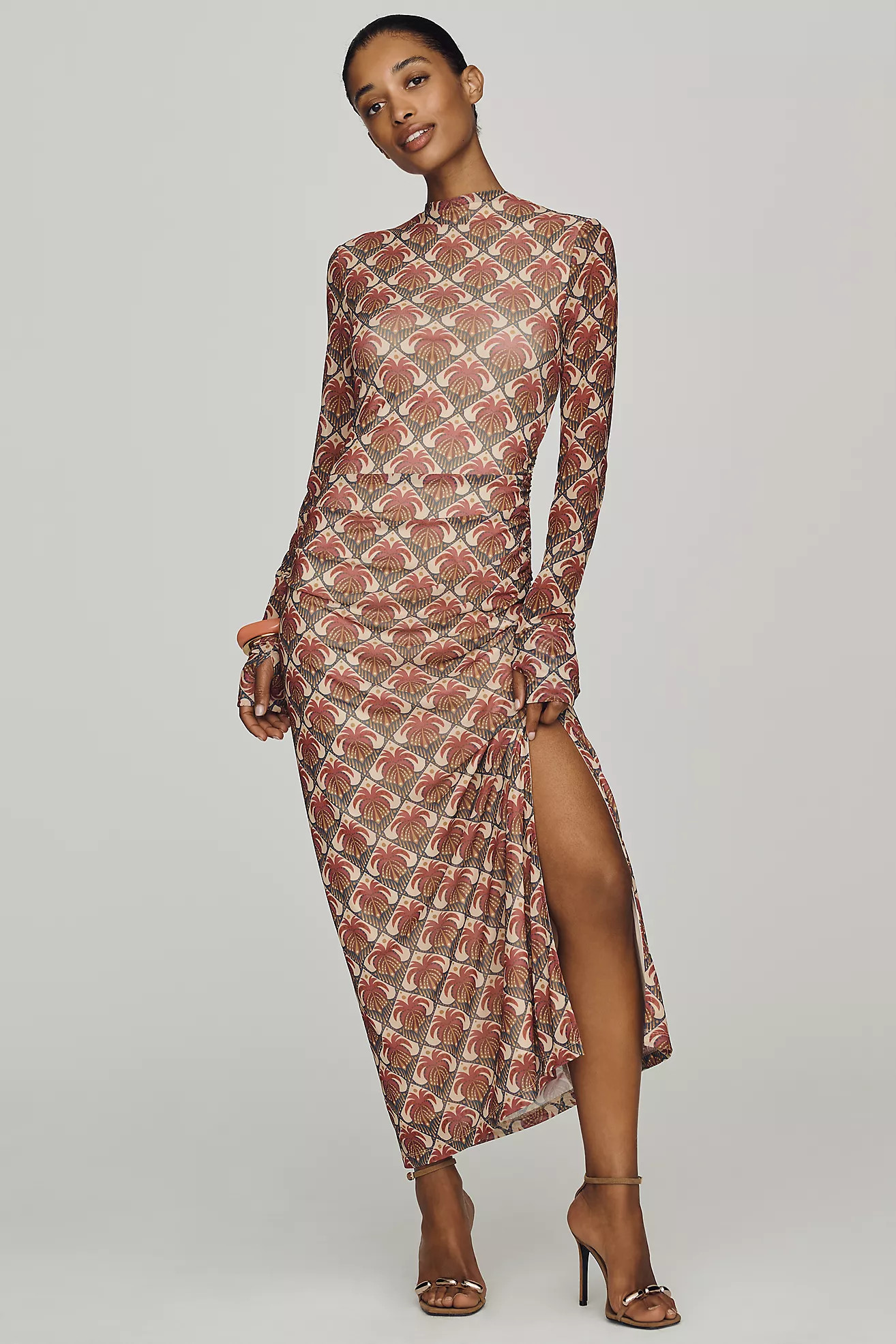 Farm Rio Long-Sleeve Mock-Neck Mesh Slim Midi Dress | Anthropologie (US)