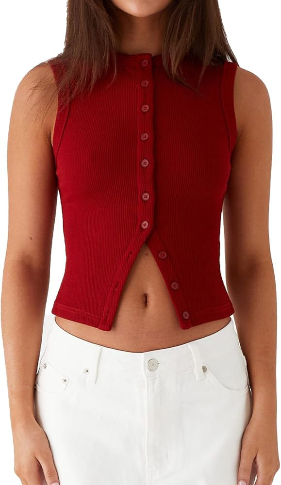 Women's Button Down Tank Tops Solid Ribbed Vest Sleeveless Slim Fit Cropped Cardigan Summer Going... | Amazon (US)