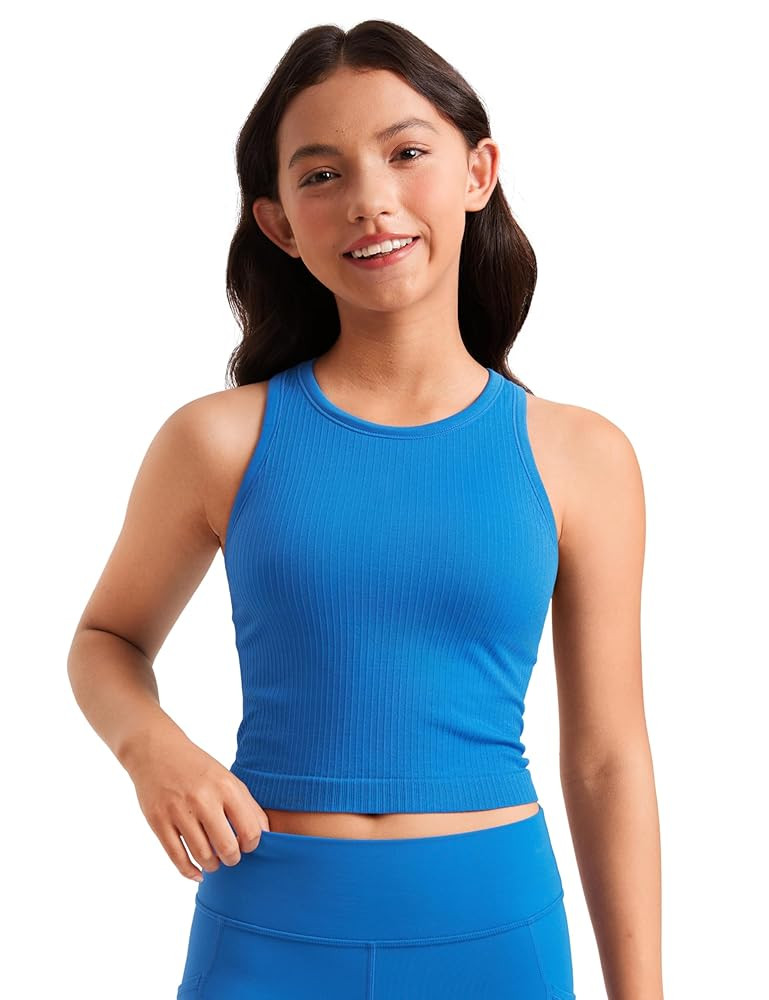 CRZ YOGA Girls Seamless Ribbed Longline Sports Bra - High Neck Racerback for Teens Kids Training ... | Amazon (US)