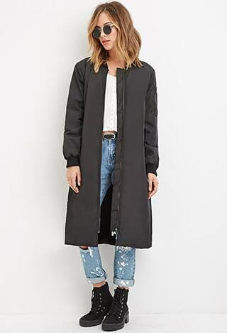 FOREVER21 Women's  Black Longline Bomber Jacket | Forever 21 (US)
