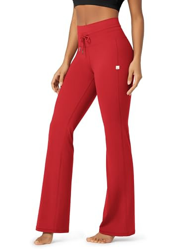 ODODOS Women's Drawstring Tie Daily Flared Pants High Waist Bootcut Workout Yoga Pants - 30" Inseam, Red, Large | Amazon (US)