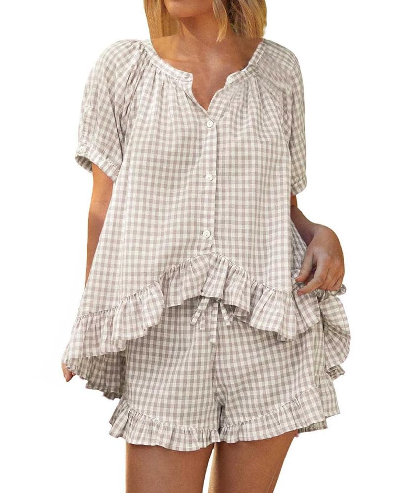 Womens 2 Piece Ruffle Pajama Set Gingham Pjs Short Sleeve Babydoll Shirt and Shorts Plaid Summer ... | Amazon (US)