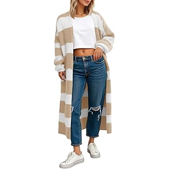 Saodimallsu Womens Striped Long Cardigan Sweaters Open Front Oversized Chunky Fuzzy Knit Fall Dus... | Amazon (US)