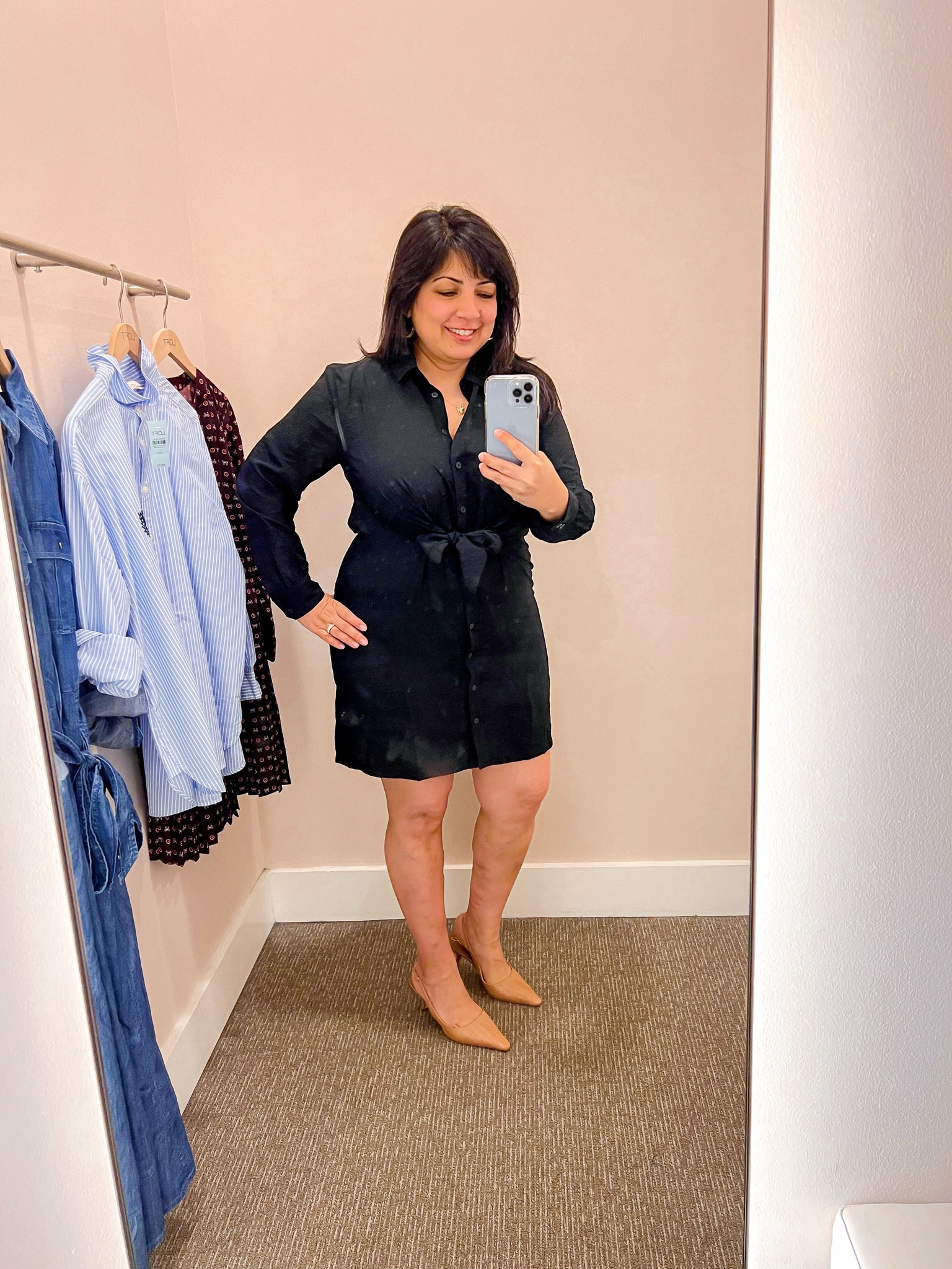 Loft Sale! Extra 50% off sale styles + an extra 20% off your $150+ purchase! The perfect tie front black shirtdress! Perfect fall outfit for workwear or going out. Wearing it here in size 12 petite. Sam Edelman sling back heels true to size. Kendra Scott gold hoop earrings. Electric Picks necklace. 

#LTKHoliday #LTKFindsUnder50 #LTKMidsize