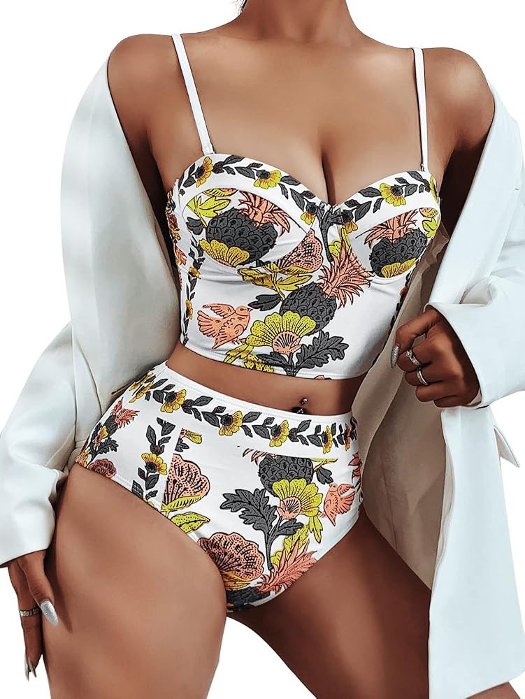 Romwe Women's Floral Push Up High Waisted Bralette Bikini Swimsuit 2 Piece Bathing Suit | Amazon (US)