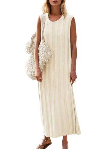 Fisoew Women's Summer Sleeveless Maxi Dress Scoop Neck Ribbed Knit Tank Top Dresses Beige | Amazon (US)