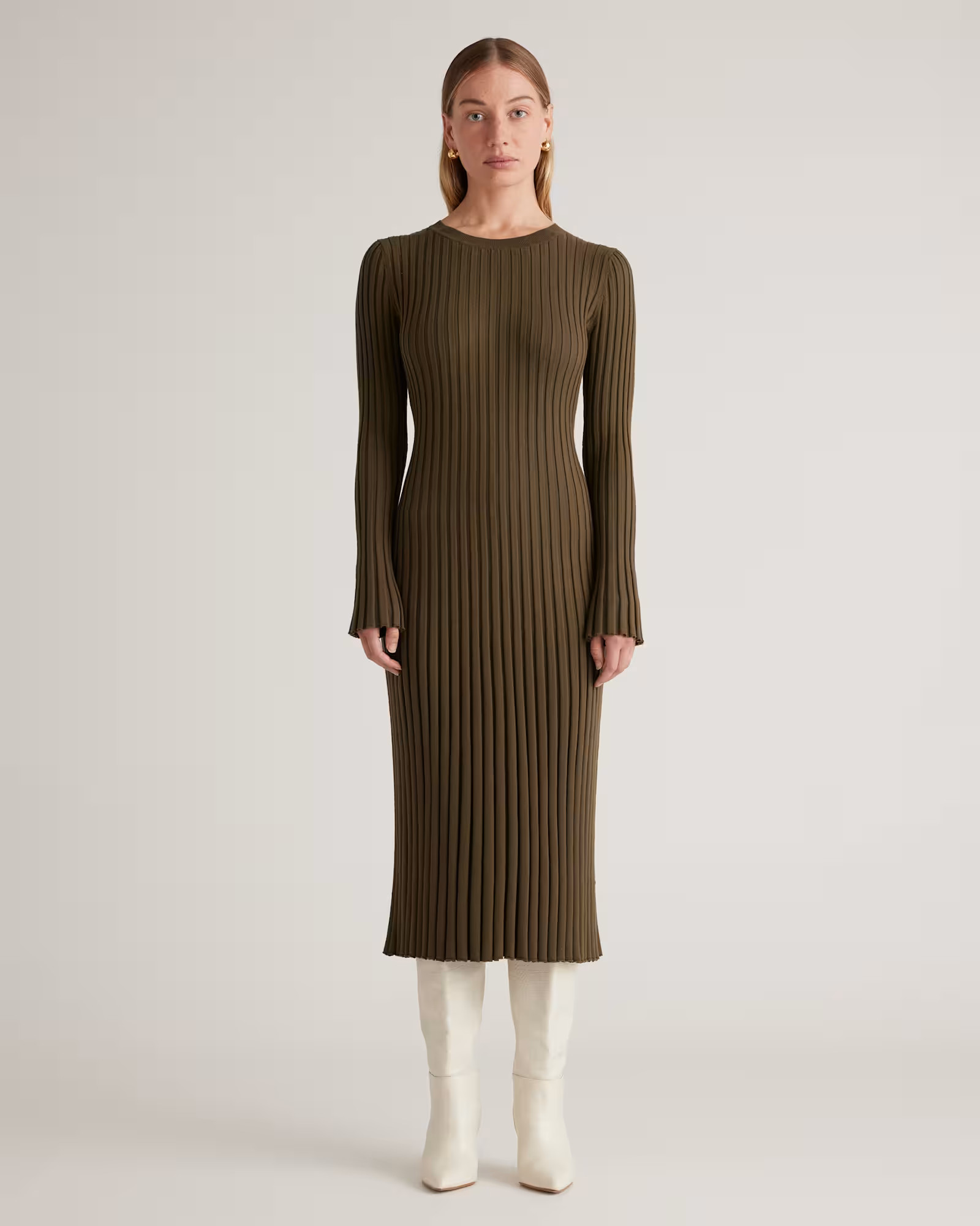 Cotton Cashmere Ribbed Long Sleeve Crew Midi Dress | Quince