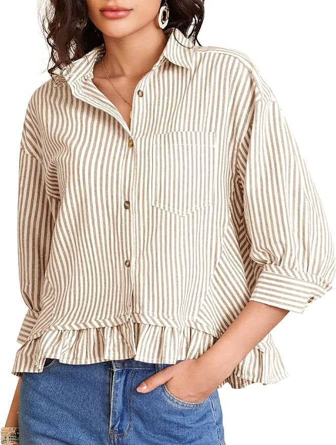 COZYPOIN Womens Striped Button Down Cotton Shirts Cropped Ruffle Hem 3/4 Sleeve Casual Collared B... | Amazon (US)