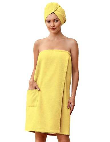 Ekouaer Towel Wrap for Women with Hair Towel Lightweight Knee Length Spa Body Bath Adjustable Closure Bathrobe with Pocket Lemon Yellow X-Large | Amazon (US)