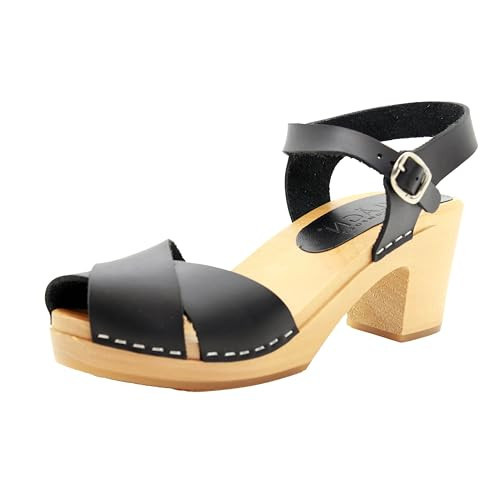 BJORK Swedish Comfort Women's Duve Fashion Wooden Leather Clogs - Black Leather (EU-40) | Amazon (US)