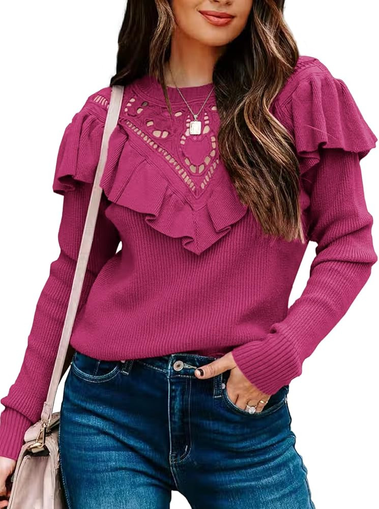 DEEP SELF Women's Long Sleeve Ruffle Sweaters 2023 Fall Casual Crew Neck Solid Color Knit Pullove... | Amazon (US)