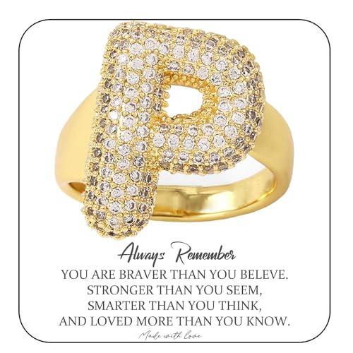 Bubble Initial Rings for Women Bubble Letter Ring Balloon Letters Ring Puff Letter A-Z Chunky Gold Rings 14K Gold Filled CZ Paved Alphabet Letter Ring (Gold P Ring) | Amazon (US)